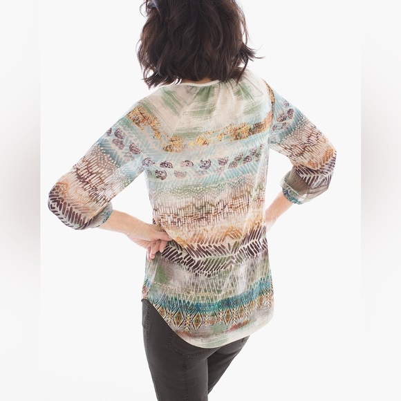 CHICOs Boho Blouse Women Medium 8 Embroidered Top Winter Neutral Natural Fall - Picture 4 of 14